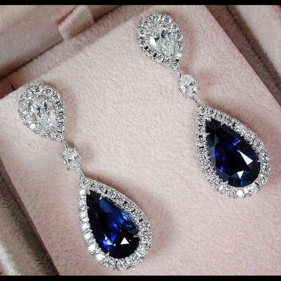 Jewelry - 18k White Gold Natural Sapphire & CZ Earrings